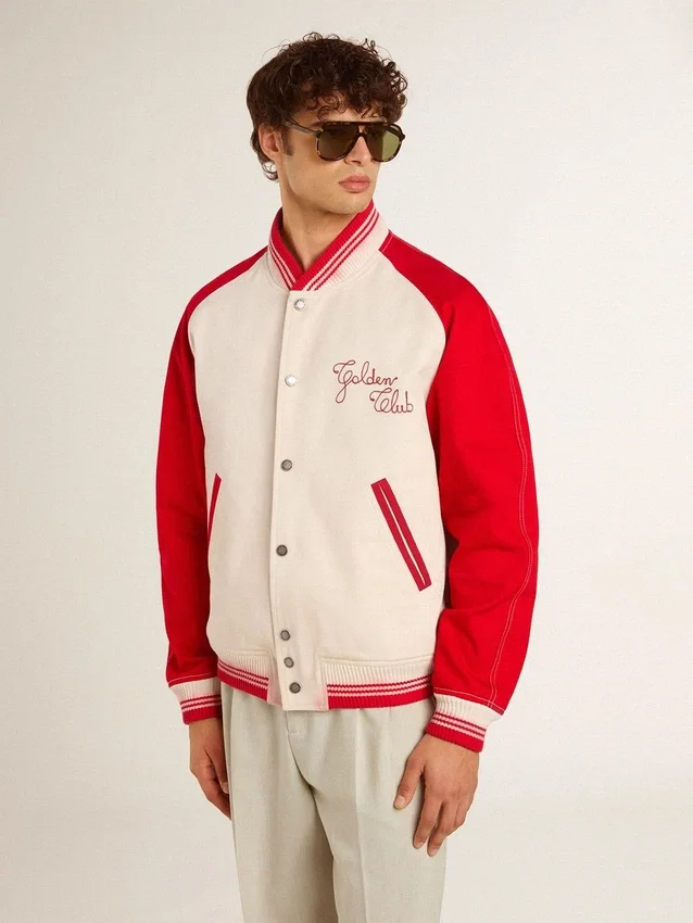 Giacca bomber in cotone bianco e rosso effetto consumato con ricami