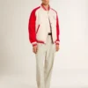 Giacca bomber in cotone bianco e rosso effetto consumato con ricami