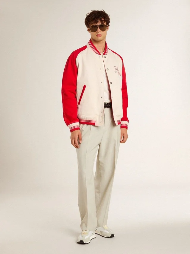Giacca bomber in cotone bianco e rosso effetto consumato con ricami