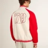 Giacca bomber in cotone bianco e rosso effetto consumato con ricami