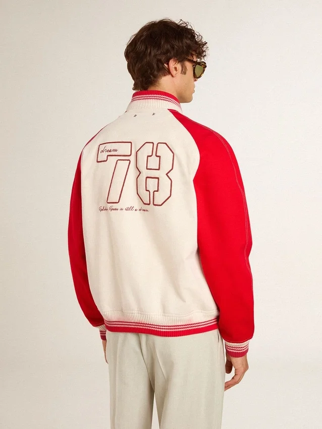 Giacca bomber in cotone bianco e rosso effetto consumato con ricami