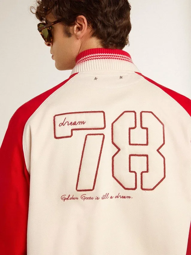 Giacca bomber in cotone bianco e rosso effetto consumato con ricami