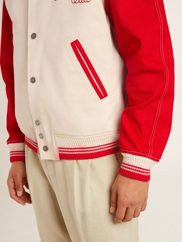 Giacca bomber in cotone bianco e rosso effetto consumato con ricami