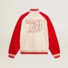 Giacca bomber in cotone bianco e rosso effetto consumato con ricami