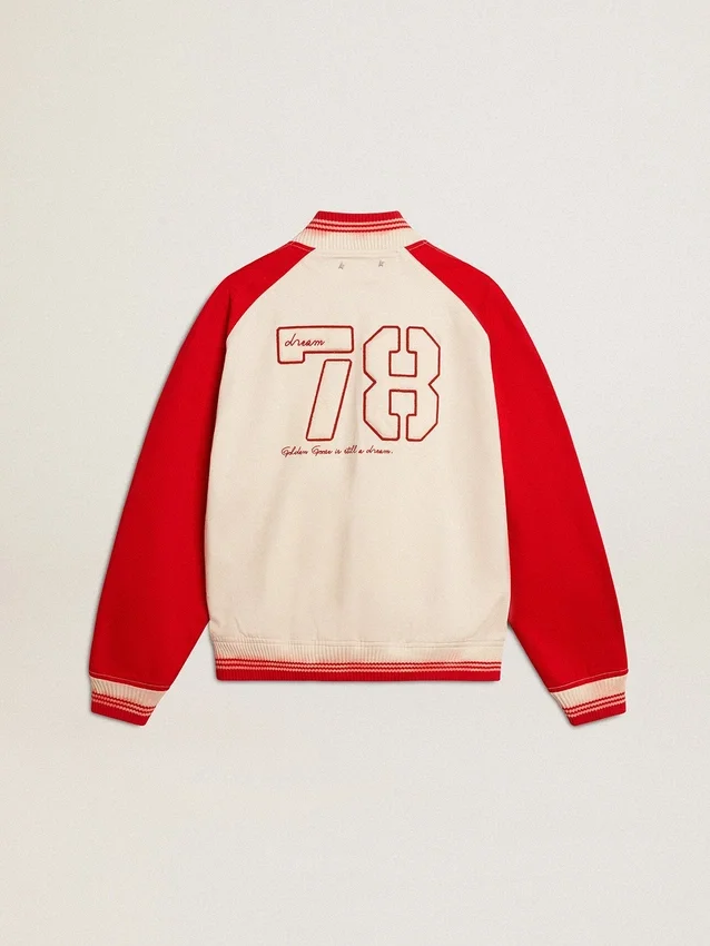 Giacca bomber in cotone bianco e rosso effetto consumato con ricami