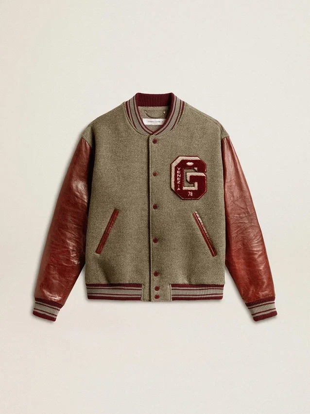 Giacca bomber in lana grigio melange con maniche in pelle