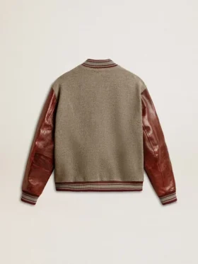 Giacca bomber in lana grigio melange con maniche in pelle