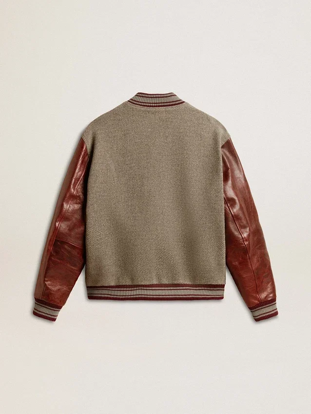Giacca bomber in lana grigio melange con maniche in pelle
