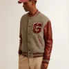 Giacca bomber in lana grigio melange con maniche in pelle