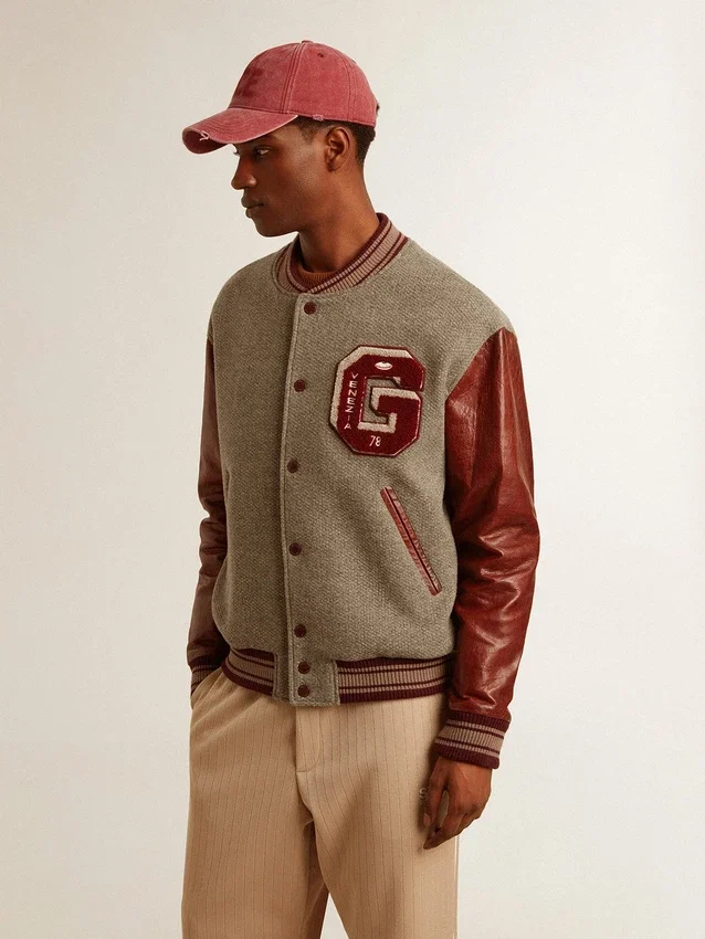 Giacca bomber in lana grigio melange con maniche in pelle