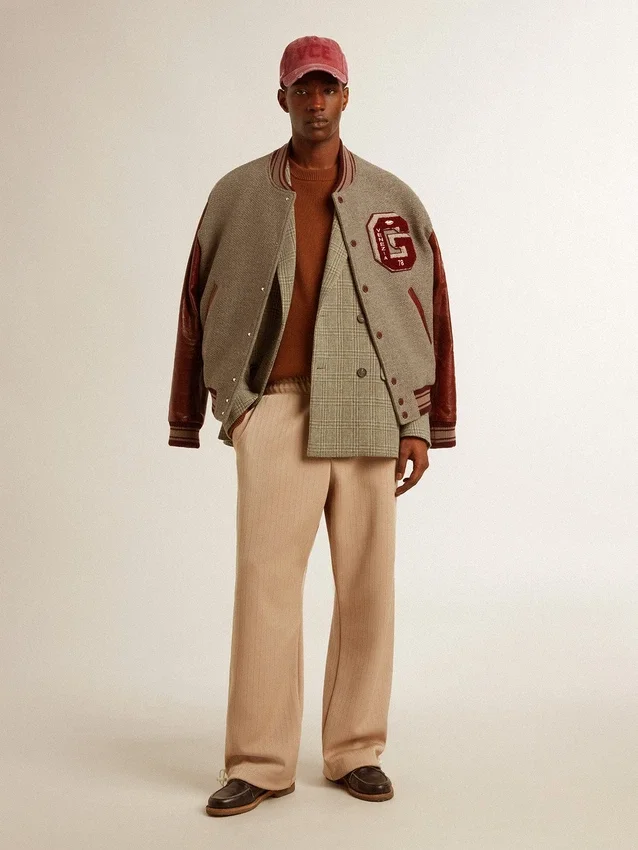 Giacca bomber in lana grigio melange con maniche in pelle