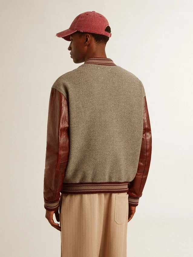Giacca bomber in lana grigio melange con maniche in pelle