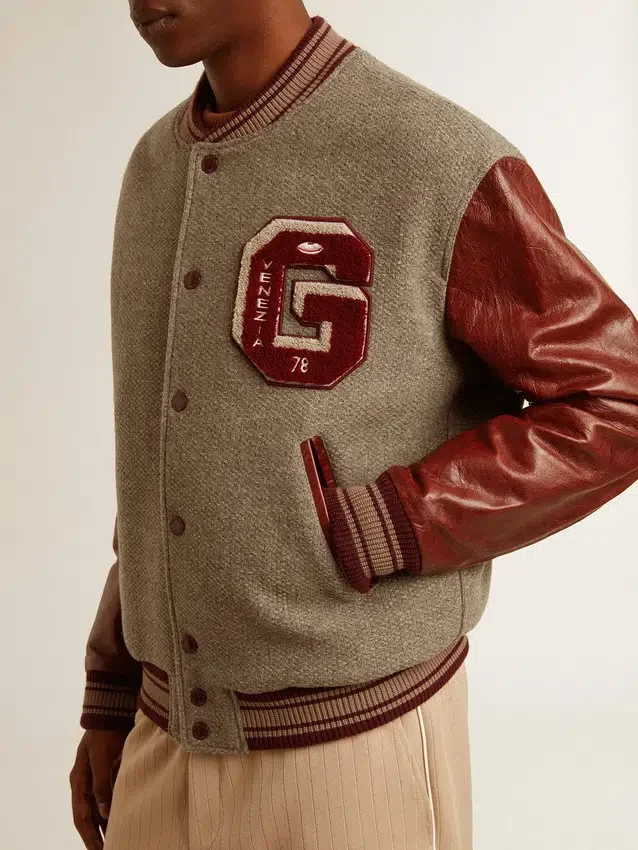 Giacca bomber in lana grigio melange con maniche in pelle