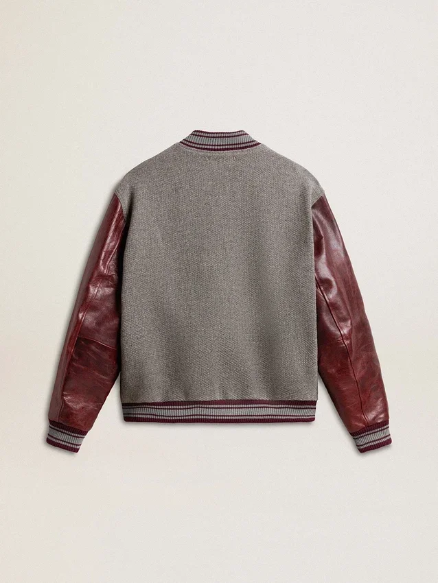 Giacca bomber in lana grigio melange con maniche in pelle