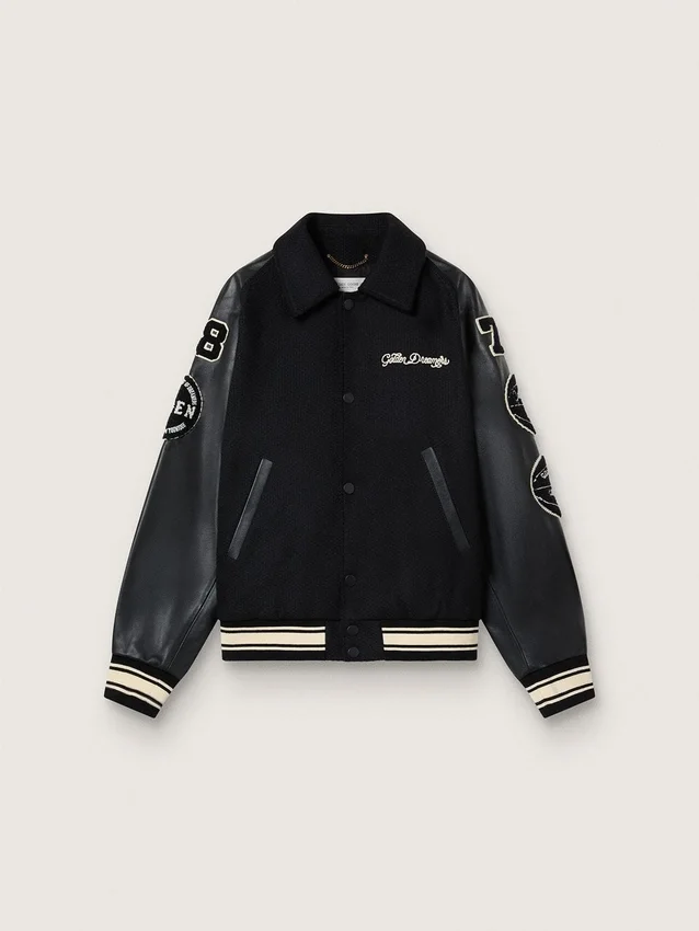 Giacca bomber in lana nera con toppa