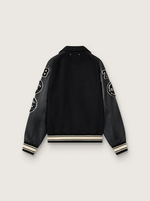 Giacca bomber in lana nera con toppa