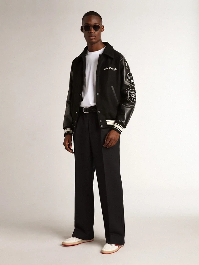 Giacca bomber in lana nera con toppa