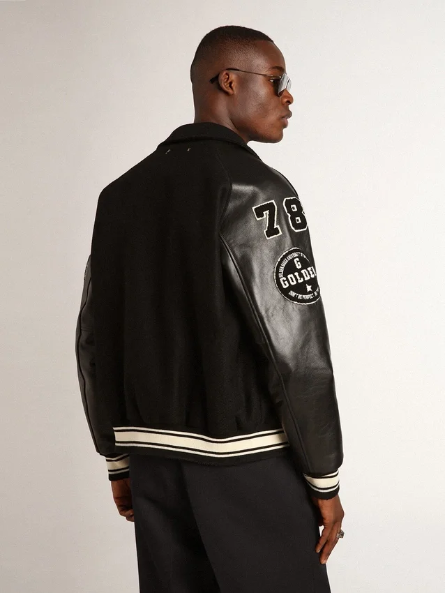 Giacca bomber in lana nera con toppa