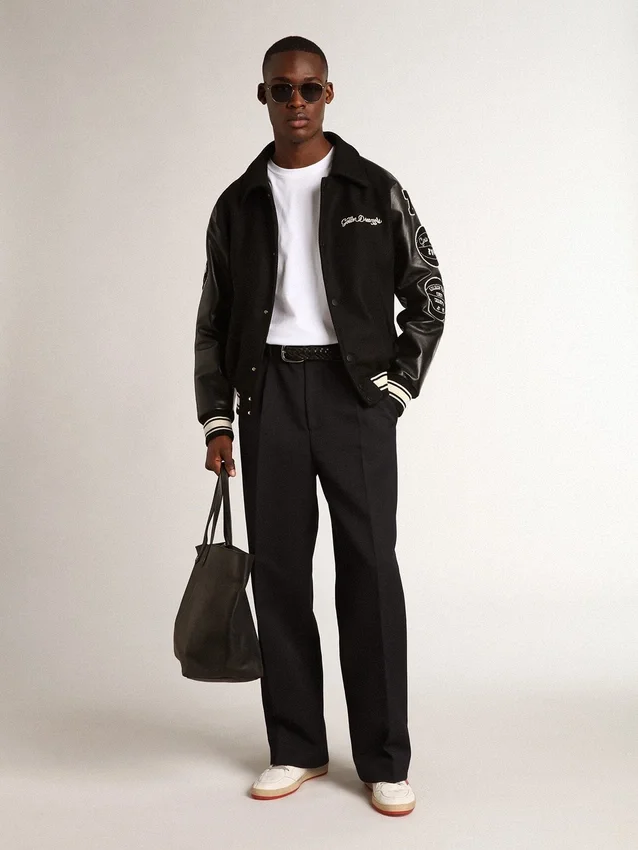 Giacca bomber in lana nera con toppa