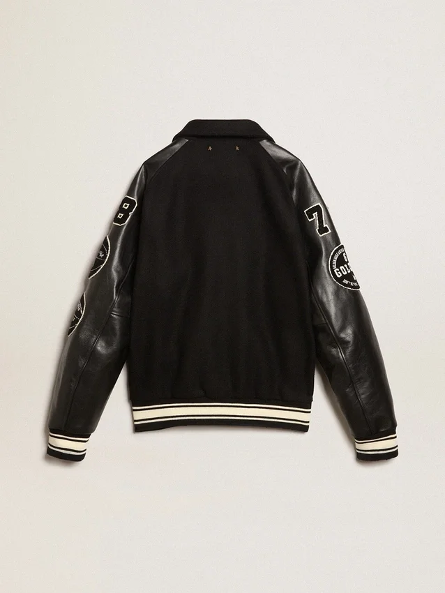 Giacca bomber in lana nera con toppa