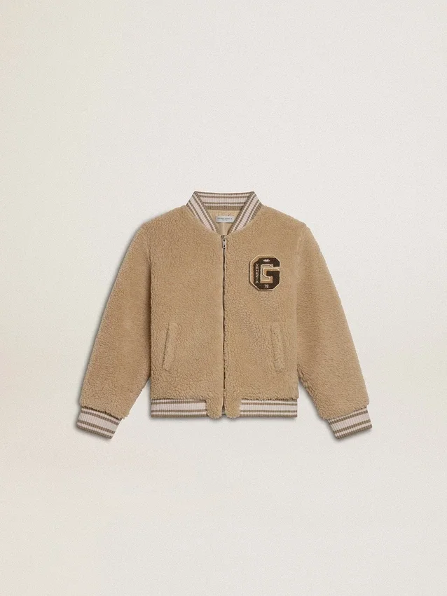 Giacca bomber in pile beige per bambini