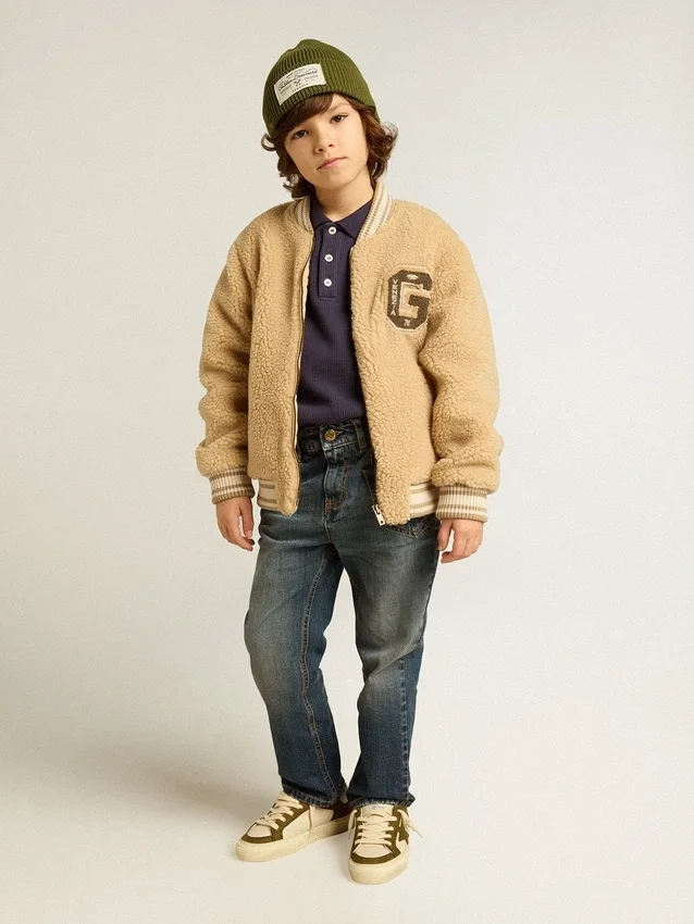 Giacca bomber in pile beige per bambini