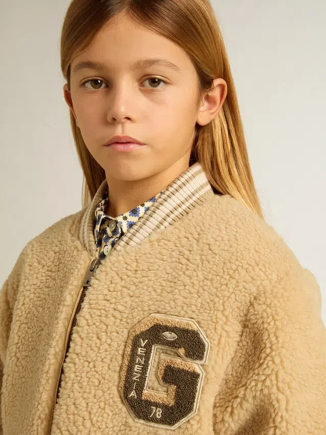 Giacca bomber in pile beige per bambini