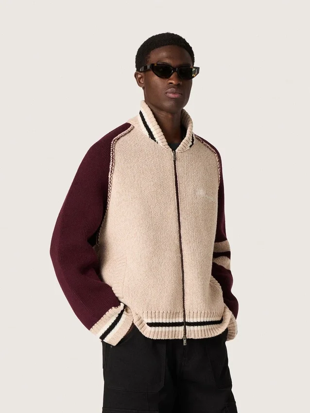 Giacca bomber unisex in maglia jacquard bianca e bordeaux