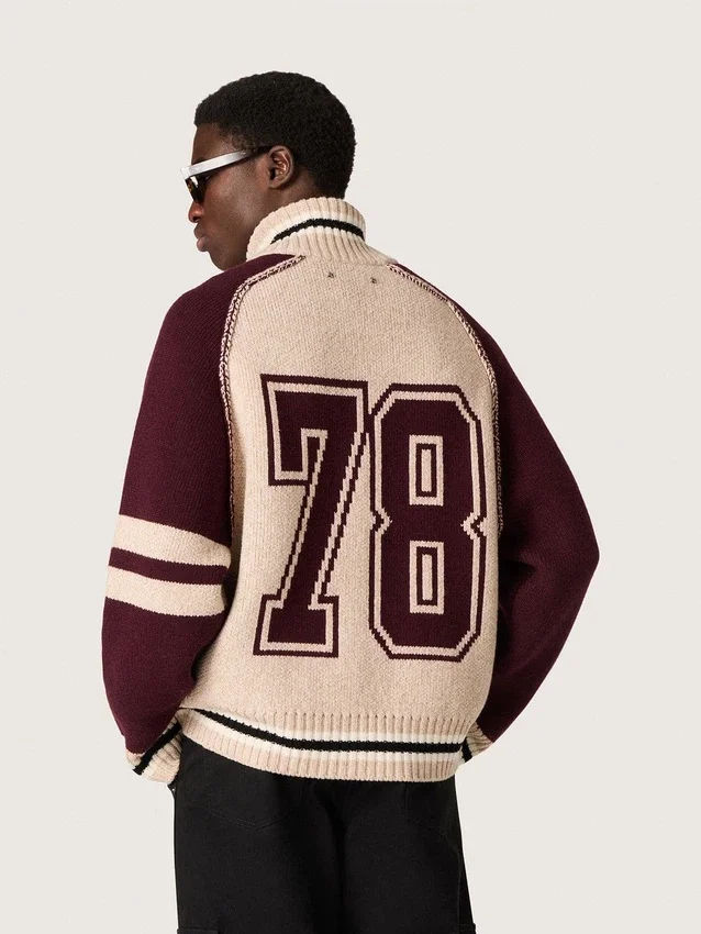 Giacca bomber unisex in maglia jacquard bianca e bordeaux