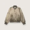 Giacca bomber unisex in raso verde con orli e collo a costine