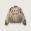 Giacca bomber unisex in raso verde con orli e collo a costine
