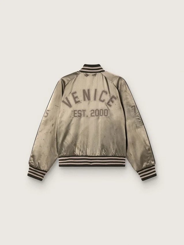 Giacca bomber unisex in raso verde con orli e collo a costine