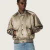 Giacca bomber unisex in raso verde con orli e collo a costine