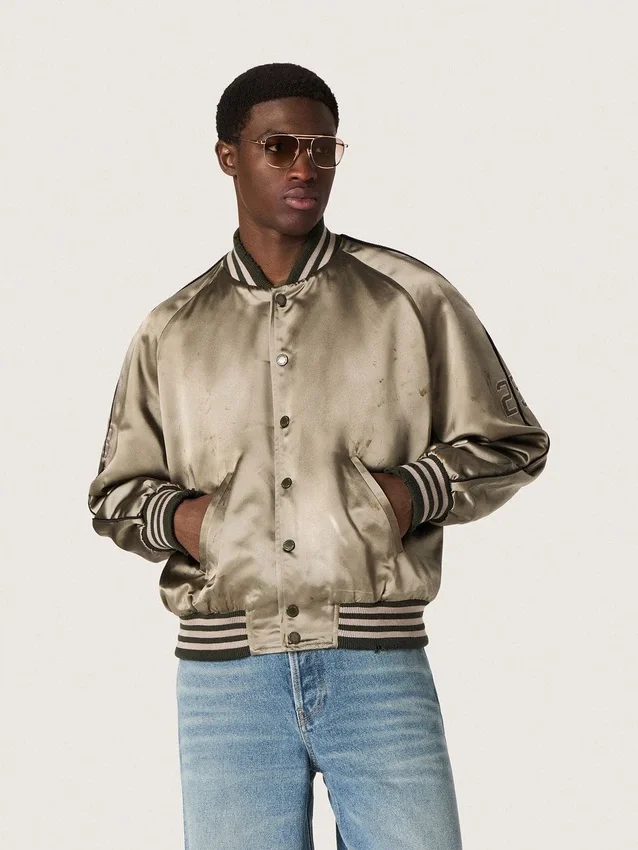 Giacca bomber unisex in raso verde con orli e collo a costine