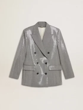 Giacca boyfriend doppiopetto in lana con motivo a micro pied-de-poule e paillettes