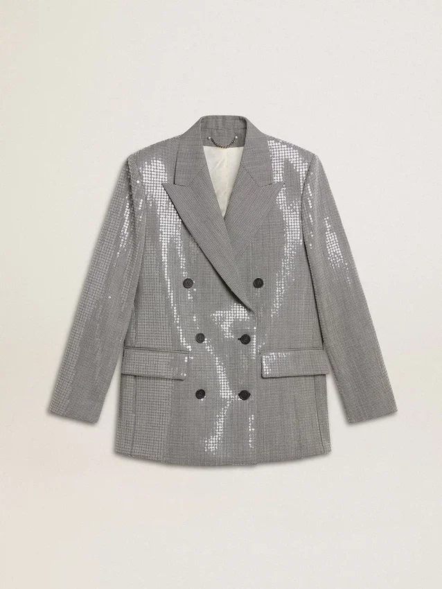 Giacca boyfriend doppiopetto in lana con motivo a micro pied-de-poule e paillettes