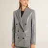 Giacca boyfriend doppiopetto in lana con motivo a micro pied-de-poule e paillettes