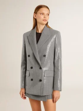 Giacca boyfriend doppiopetto in lana con motivo a micro pied-de-poule e paillettes