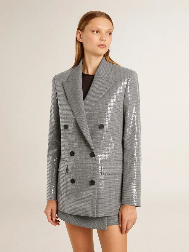 Giacca boyfriend doppiopetto in lana con motivo a micro pied-de-poule e paillettes