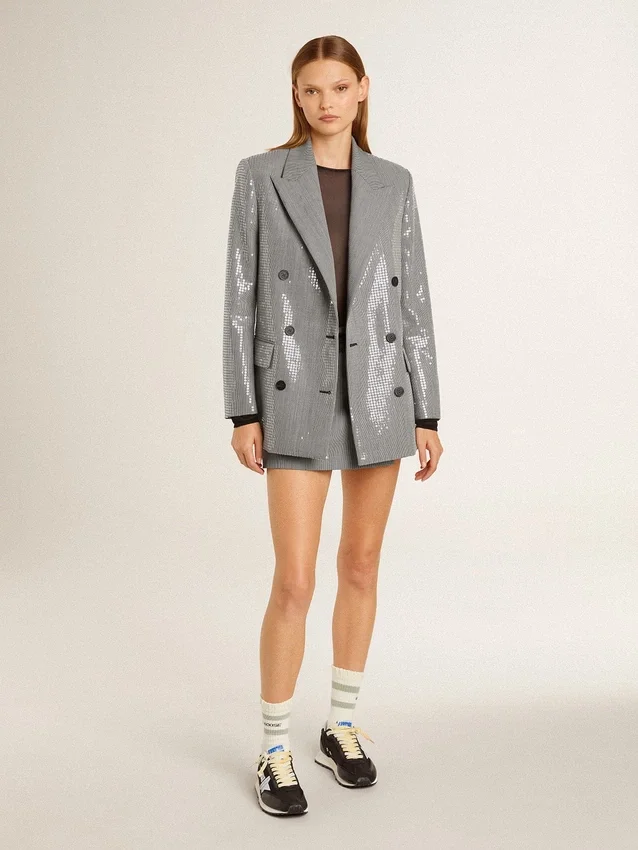 Giacca boyfriend doppiopetto in lana con motivo a micro pied-de-poule e paillettes