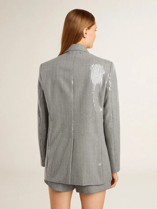Giacca boyfriend doppiopetto in lana con motivo a micro pied-de-poule e paillettes