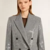 Giacca boyfriend doppiopetto in lana con motivo a micro pied-de-poule e paillettes