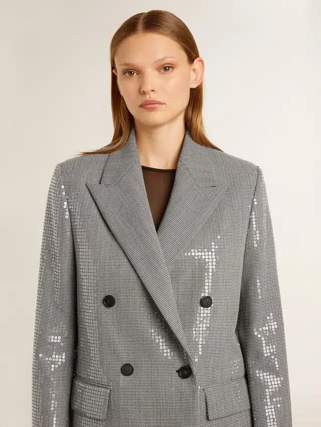 Giacca boyfriend doppiopetto in lana con motivo a micro pied-de-poule e paillettes