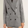 Giacca boyfriend doppiopetto in lana con motivo a micro pied-de-poule e paillettes
