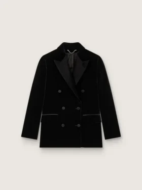 Giacca da donna doppiopetto in velluto nero con revers in raso nero