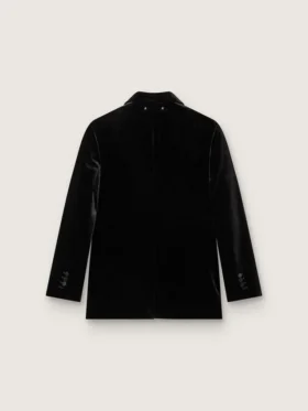 Giacca da donna doppiopetto in velluto nero con revers in raso nero