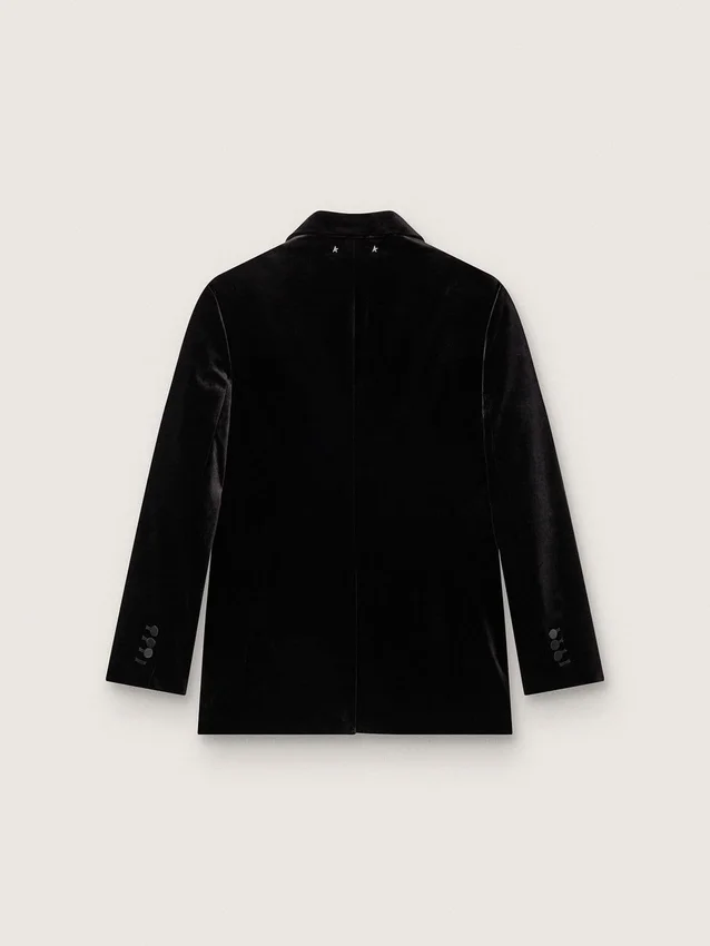 Giacca da donna doppiopetto in velluto nero con revers in raso nero