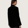 Giacca da donna doppiopetto in velluto nero con revers in raso nero