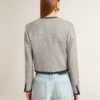Giacca da donna in lana e seta grigia con rifiniture in pelle scamosciata nera