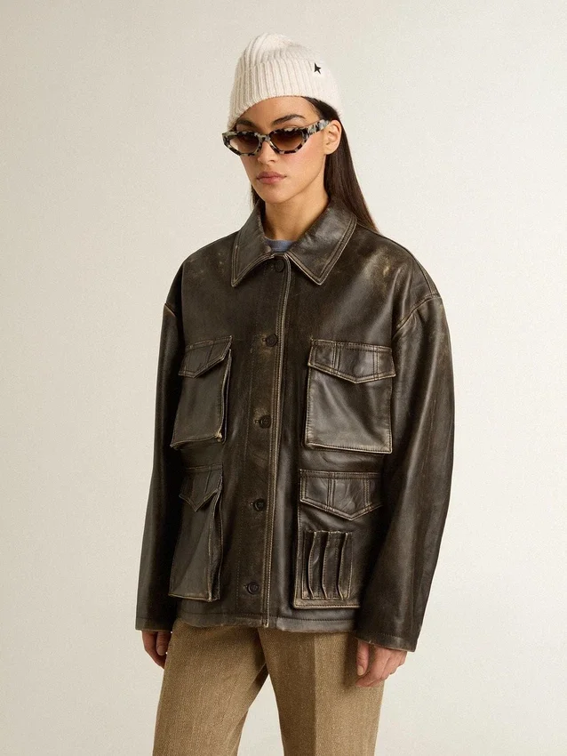 Giacca da donna in pelle nappa marrone invecchiata